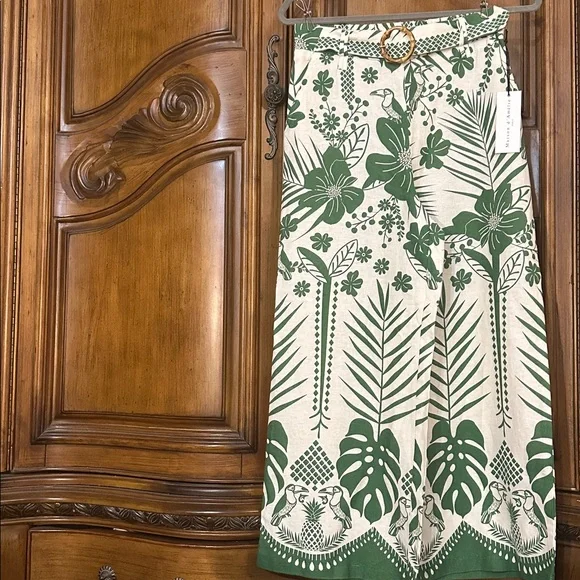 NEW Linen Blend Macaw Elegance Green Cream Leafy Tropical Print Wide Leg Pants S - Picture 17 of 17